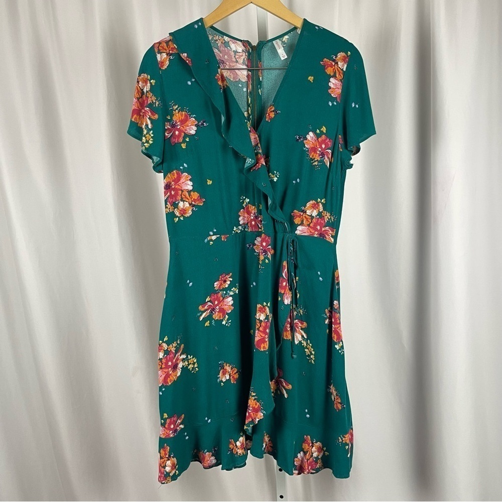 Xhilaration Large Floral Faux Wrap Ruffle Boho Jewel Tone Dress V Neck Vacation